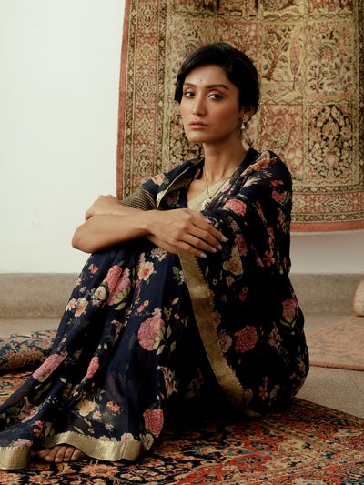 Black floral jaal saree set