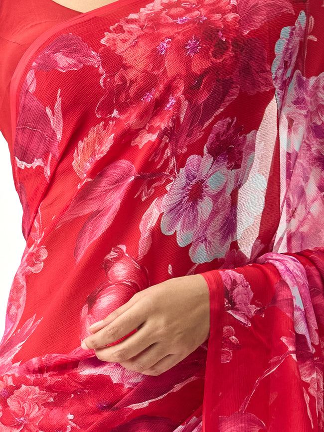 Red abstract floral saree