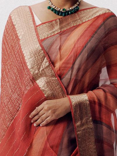 Earthy lehariya  on chiffon zari border