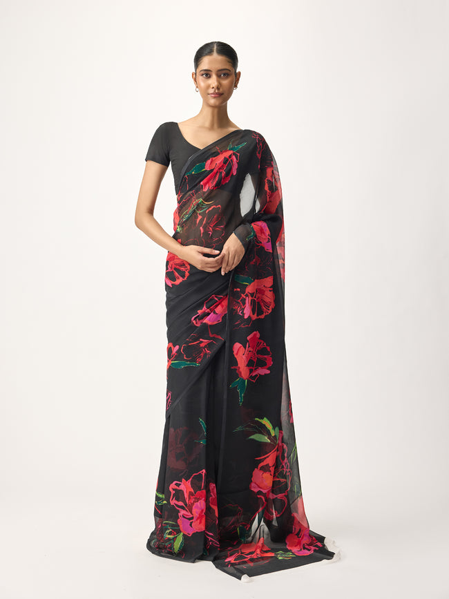 Black abstract floral saree