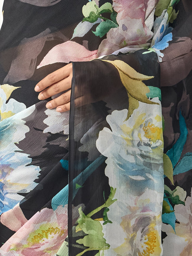 Black abstract floral saree