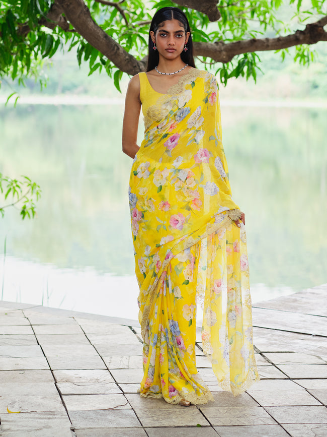 "ZINNIA" floral chiffon saree