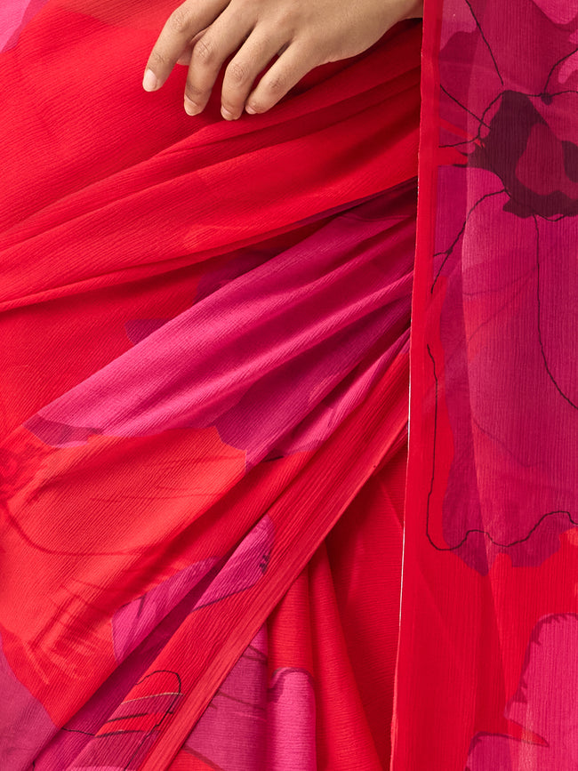 Red abstract floral saree