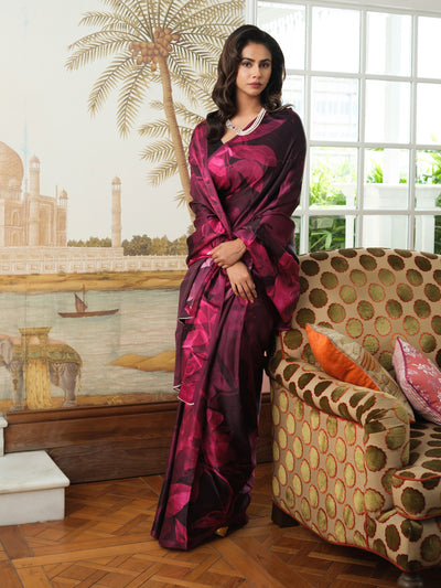 Deep wine abstract floral saree