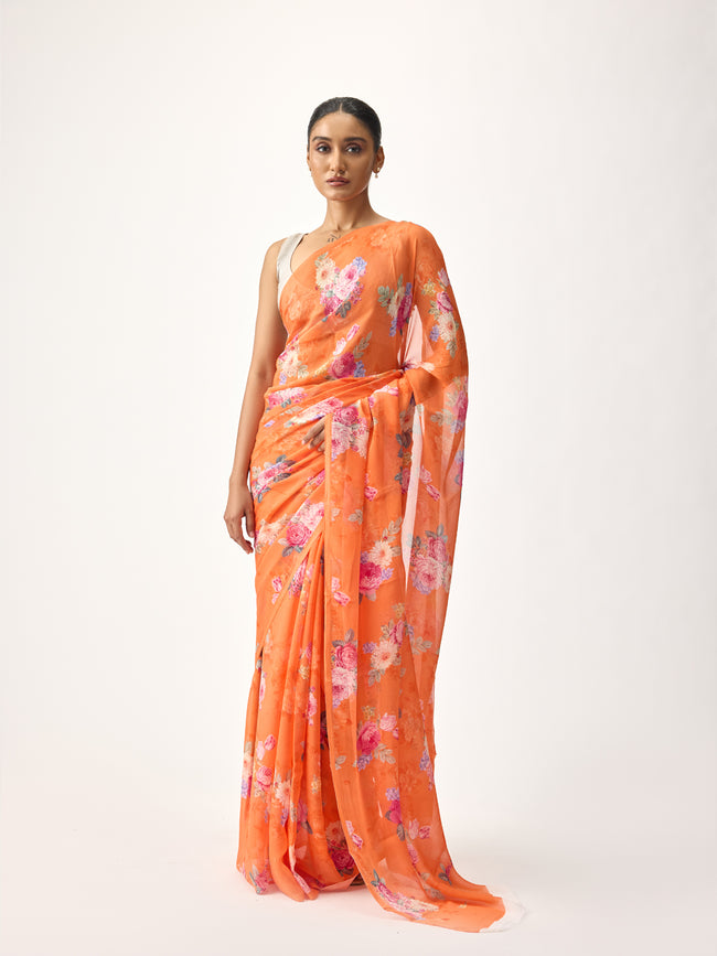 Orange floral bunch saree