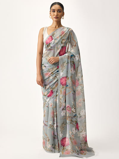 Dusty blue botanic print saree