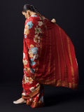 Red floral saree with golden zari border