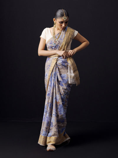 Grey floral saree with golden zari border