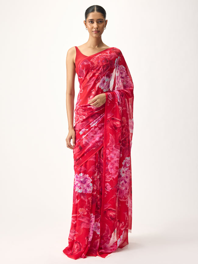 Red abstract floral saree