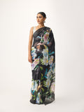 Black abstract floral saree