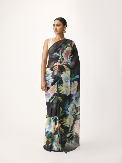 Black abstract floral saree