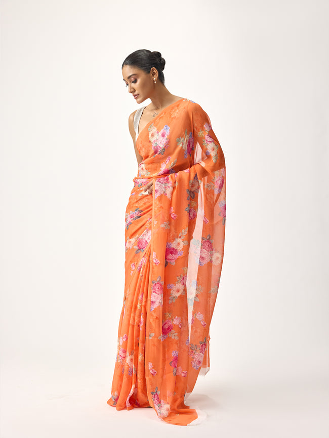 Orange floral bunch saree