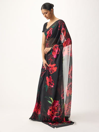 Black abstract floral saree