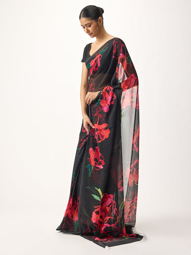 Black abstract floral saree