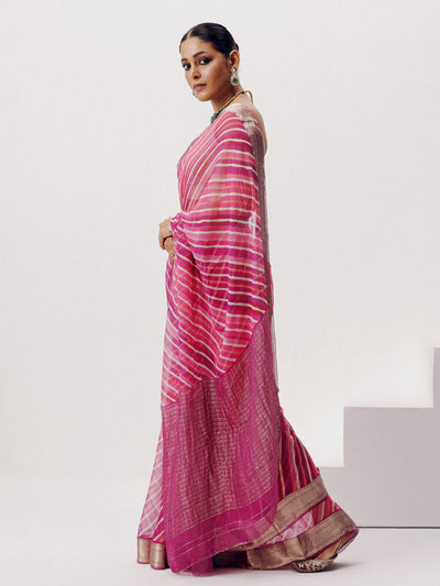 Pink lehariya  on chiffon zari border