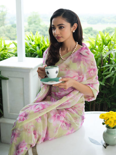 Pale sage floral saree