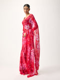 Red abstract floral saree
