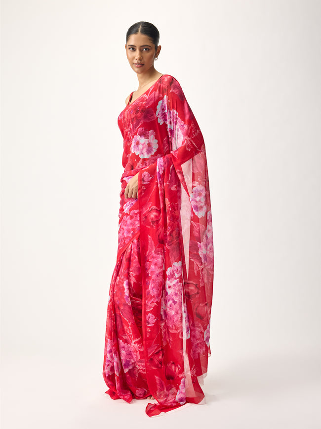 Red abstract floral saree