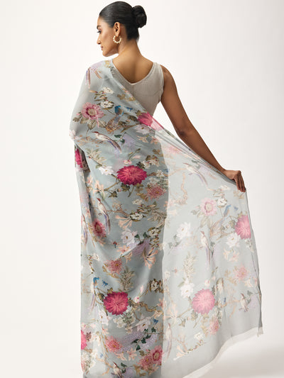 Dusty blue botanic print saree