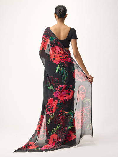 Black abstract floral saree
