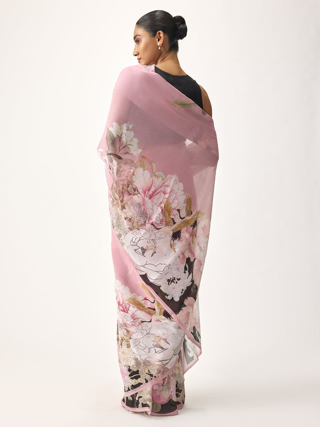 Pink abstract floral saree