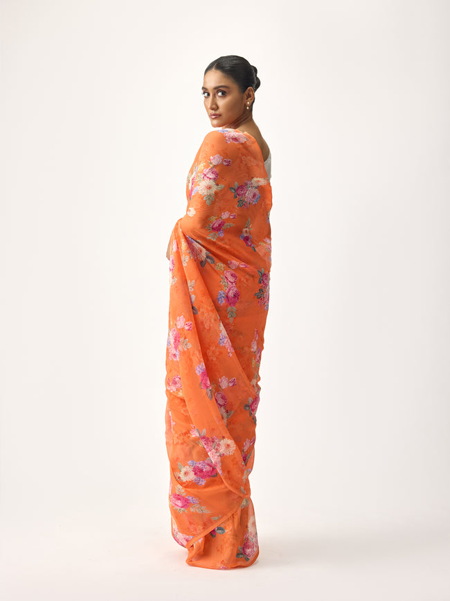 Orange floral bunch saree