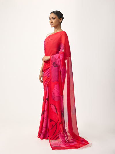 Red abstract floral saree