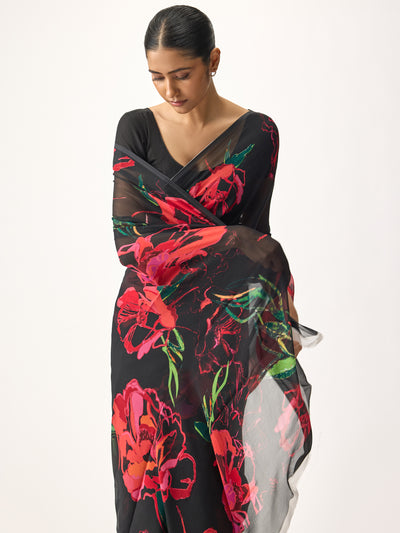 Black abstract floral saree