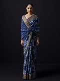 Navy floral saree with golden zari border