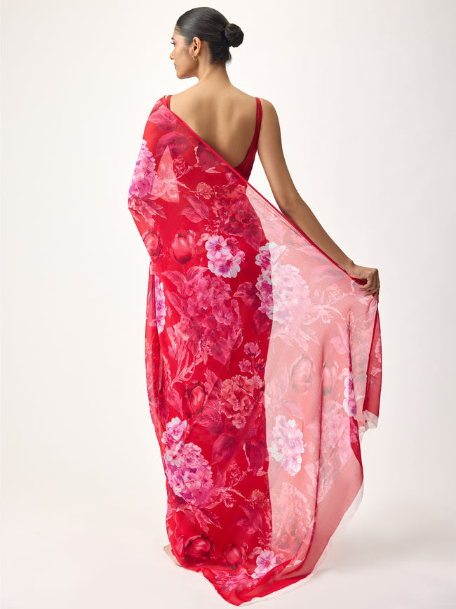Red abstract floral saree