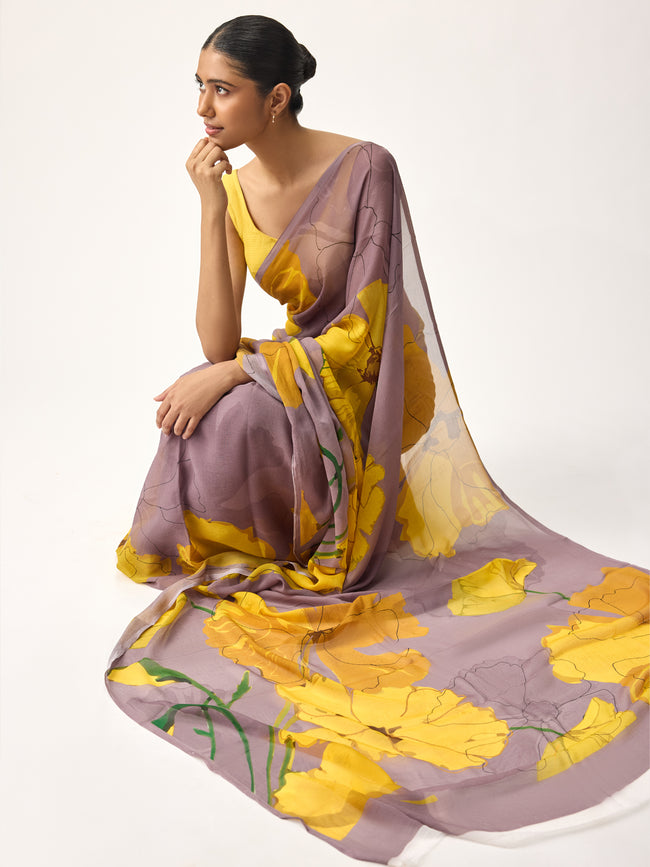 Grey abstract floral saree