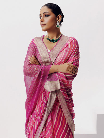 Pink lehariya  on chiffon zari border