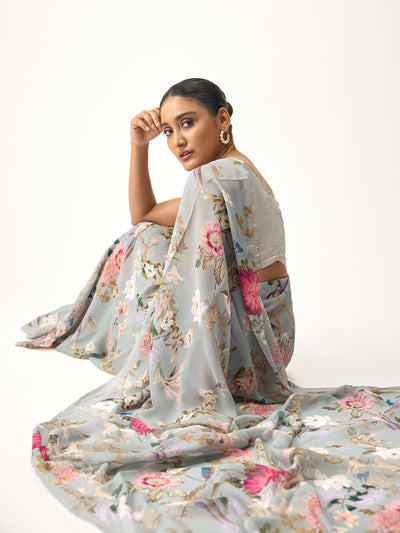 Dusty blue botanic print saree