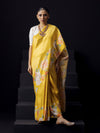 Bright yellow Kanjivaram floral print saree