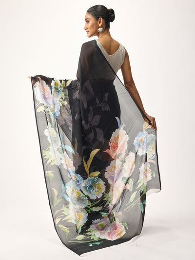 Black abstract floral saree