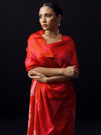 Red tonal satin floral saree