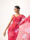 Red abstract floral saree