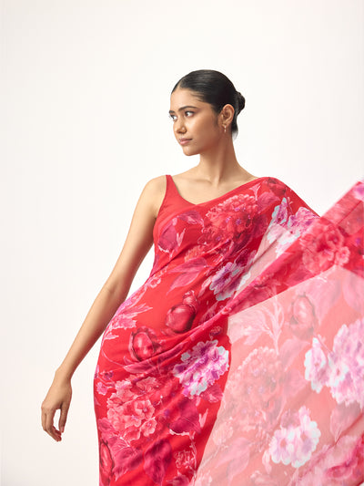 Red abstract floral saree