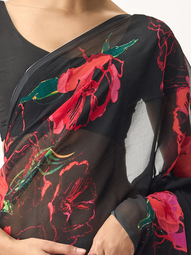 Black abstract floral saree