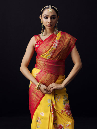 Mustard Kanjivaram floral print saree