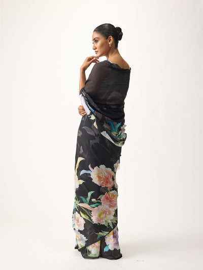 Black abstract floral saree
