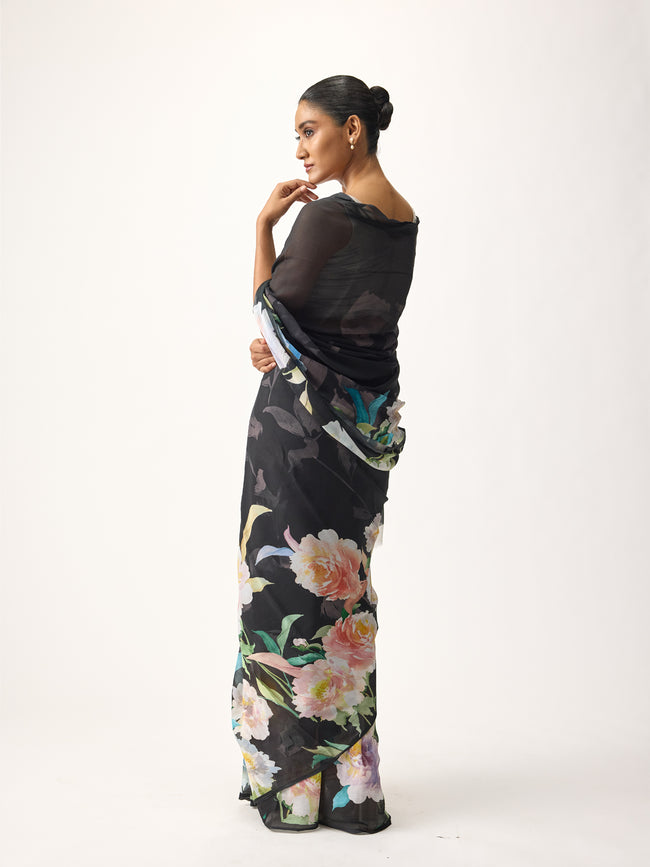 Black abstract floral saree