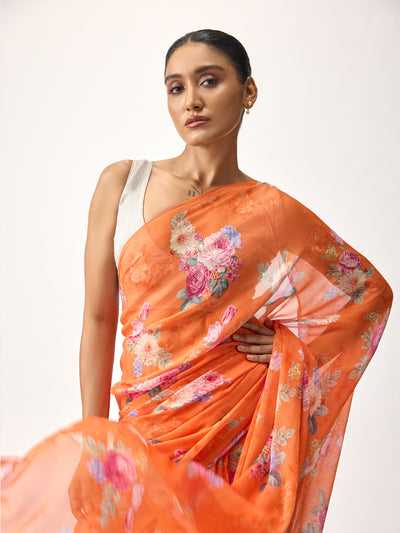 Orange floral bunch saree