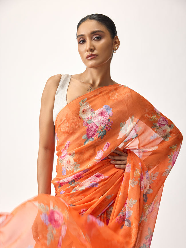 Orange floral bunch saree