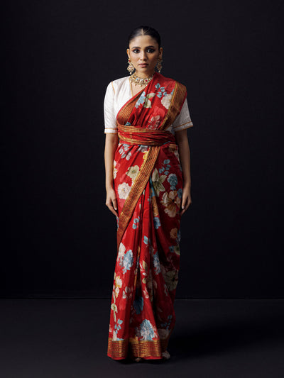 Red floral saree with golden zari border