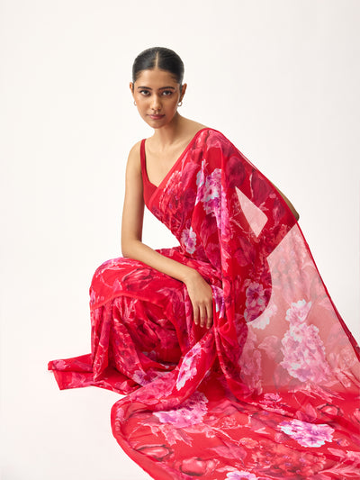 Red abstract floral saree