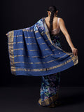 Navy floral saree with golden zari border