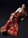 Red floral saree with golden zari border