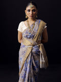 Grey floral saree with golden zari border