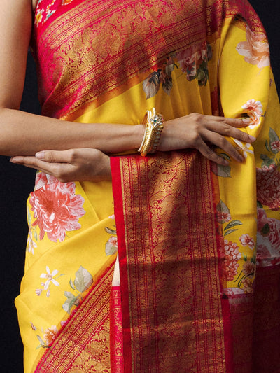 Mustard Kanjivaram floral print saree